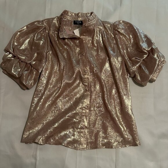 FATE Button Up Shirt Shiny Puffy Sleeves Pink/Gold New With Tags Size Small - Picture 1 of 5